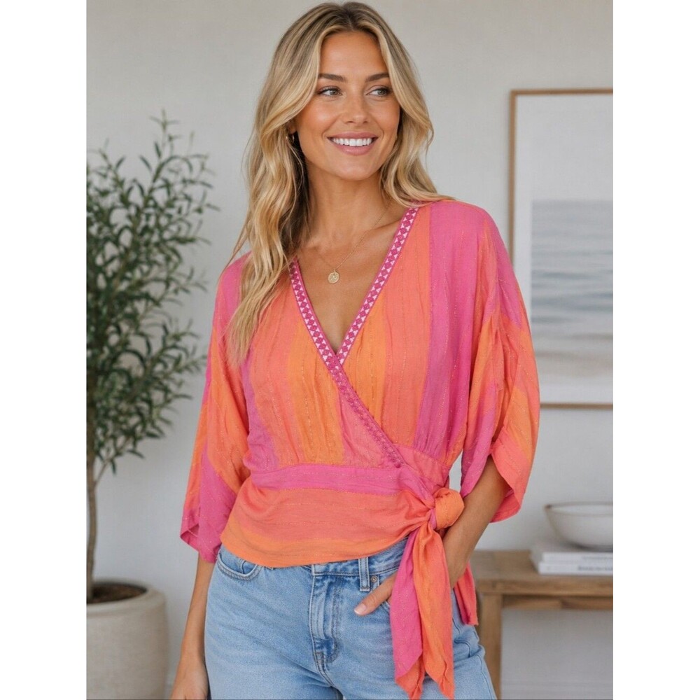 Venus Hot Pink & Coral Orange Sparkle Stripe V-neck Wrap Blouse, XS